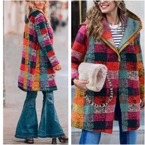 Multicolor Brushed Fabric Checkered Plaid Pockets Hoodie Jacket Coat